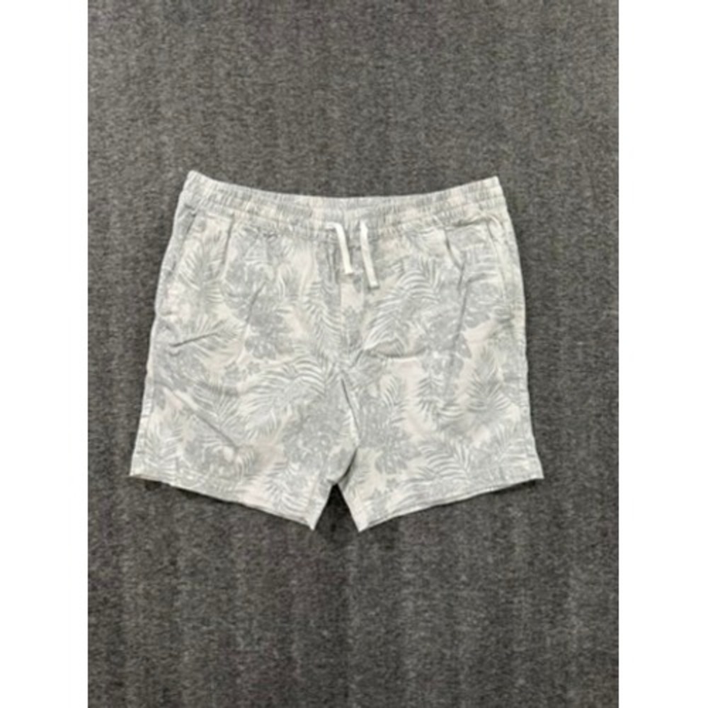 George Mens Tropical Palm Print Shorts Grey White Elastic Waist Stretch Large